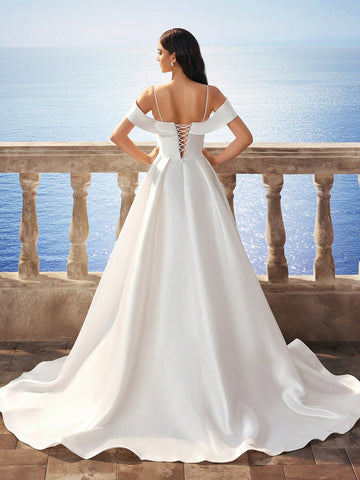 New Satin Lace Embroidered Split High-Low Hem Long Wedding Dress New Satin Lace Embroidered Split High-Low Hem Long Wedding Dress