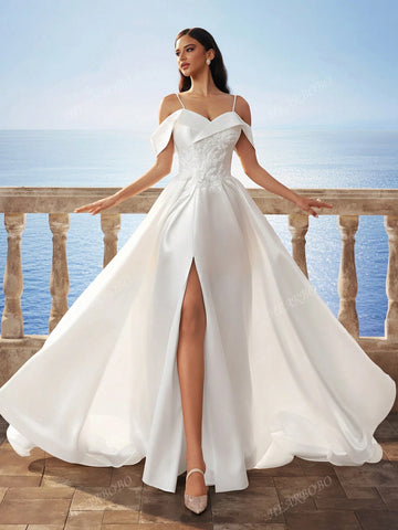 New Satin Lace Embroidered Split High-Low Hem Long Wedding Dress New Satin Lace Embroidered Split High-Low Hem Long Wedding Dress