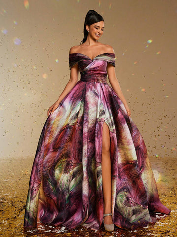 New Satin Off-Shoulder Floral Print Formal Evening Gown New Satin Off-Shoulder Floral Print Formal Evening Gown