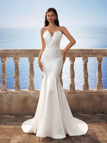 New Satin Sexy Spaghetti Strap V-Neck Fitted Fishtail Trailing Wedding Dress White New Satin Sexy Spaghetti Strap V-Neck Fitted Fishtail Trailing Wedding Dress White