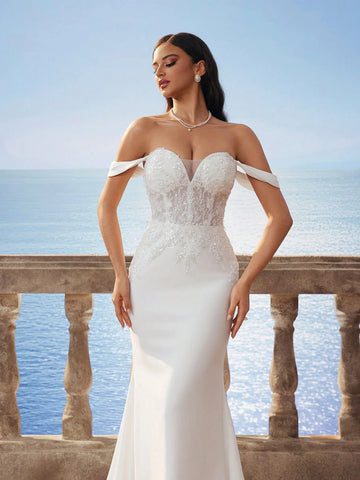 New Sexy V-Neck Pearl Embellished Mermaid Hem Formal Gown, Elegant Bridal Wedding Dress, White New Sexy V-Neck Pearl Embellished Mermaid Hem Formal Gown, Elegant Bridal Wedding Dress, White