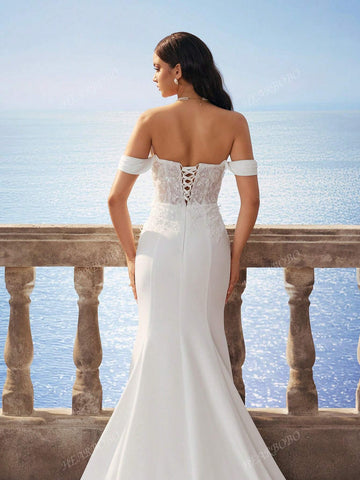 New Sexy V-Neck Pearl Embellished Mermaid Hem Formal Gown, Elegant Bridal Wedding Dress, White New Sexy V-Neck Pearl Embellished Mermaid Hem Formal Gown, Elegant Bridal Wedding Dress, White