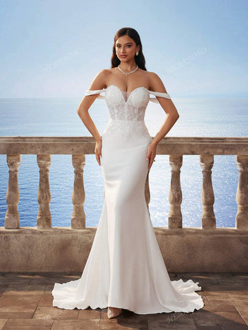 New Sexy V-Neck Pearl Embellished Mermaid Hem Formal Gown, Elegant Bridal Wedding Dress, White New Sexy V-Neck Pearl Embellished Mermaid Hem Formal Gown, Elegant Bridal Wedding Dress, White