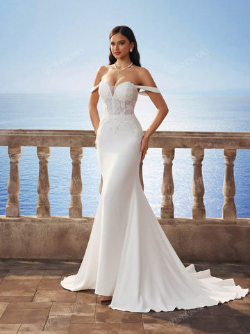 New Sexy V-Neck Pearl Embellished Mermaid Hem Formal Gown, Elegant Bridal Wedding Dress, White New Sexy V-Neck Pearl Embellished Mermaid Hem Formal Gown, Elegant Bridal Wedding Dress, White