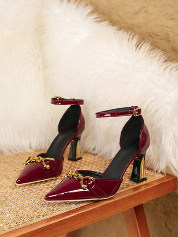 New Style Women's Fashion Pointed Toe High Heel Pumps, Burgundy Minimalist Block Heels Hollow Out New Style Women's Fashion Pointed Toe High Heel Pumps, Burgundy Minimalist Block Heels Hollow Out