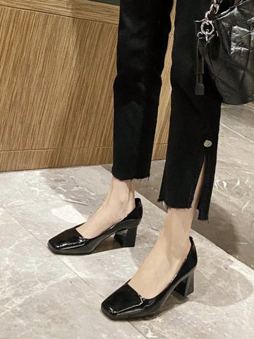 Nude Color Chunky Heeled Women Pumps, French Square Toe High Heel Shoes For Commuting Nude Color Chunky Heeled Women Pumps, French Square Toe High Heel Shoes For Commuting