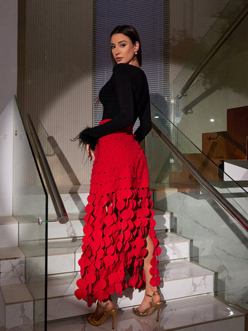 Nyx Circle Cutout Fringe Skirt In Red Nyx Circle Cutout Fringe Skirt In Red