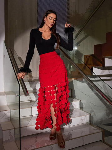 Nyx Circle Cutout Fringe Skirt In Red Nyx Circle Cutout Fringe Skirt In Red