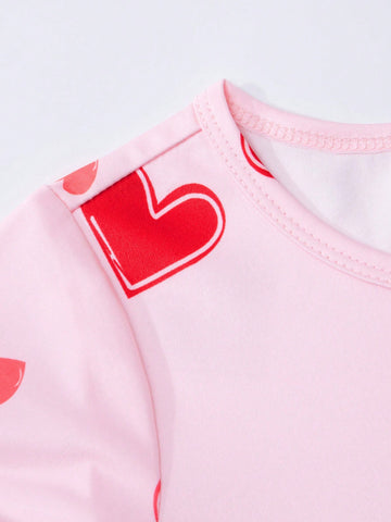 1pc Girls Short Sleeve Dress, Round Neck With Ruched Layered Design, Heart Print Pattern, Soft & Breathable Fabric 1pc Girls Short Sleeve Dress, Round Neck With Ruched Layered Design, Heart Print Pattern, Soft & Breathable Fabric