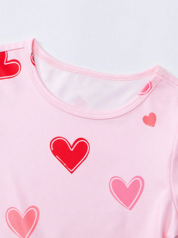 1pc Girls Short Sleeve Dress, Round Neck With Ruched Layered Design, Heart Print Pattern, Soft & Breathable Fabric 1pc Girls Short Sleeve Dress, Round Neck With Ruched Layered Design, Heart Print Pattern, Soft & Breathable Fabric