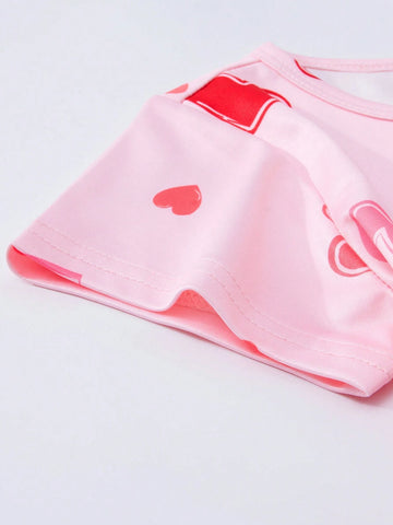 1pc Girls Short Sleeve Dress, Round Neck With Ruched Layered Design, Heart Print Pattern, Soft & Breathable Fabric 1pc Girls Short Sleeve Dress, Round Neck With Ruched Layered Design, Heart Print Pattern, Soft & Breathable Fabric