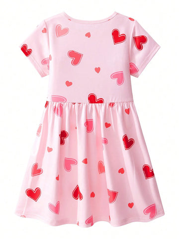 1pc Girls Short Sleeve Dress, Round Neck With Ruched Layered Design, Heart Print Pattern, Soft & Breathable Fabric 1pc Girls Short Sleeve Dress, Round Neck With Ruched Layered Design, Heart Print Pattern, Soft & Breathable Fabric