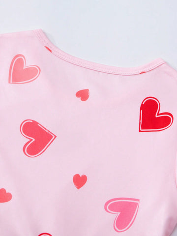 1pc Girls Short Sleeve Dress, Round Neck With Ruched Layered Design, Heart Print Pattern, Soft & Breathable Fabric 1pc Girls Short Sleeve Dress, Round Neck With Ruched Layered Design, Heart Print Pattern, Soft & Breathable Fabric