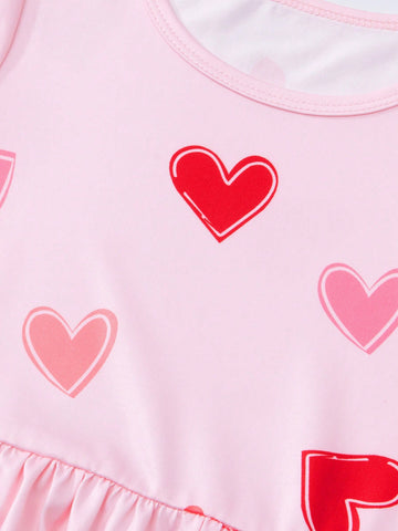 1pc Girls Short Sleeve Dress, Round Neck With Ruched Layered Design, Heart Print Pattern, Soft & Breathable Fabric 1pc Girls Short Sleeve Dress, Round Neck With Ruched Layered Design, Heart Print Pattern, Soft & Breathable Fabric