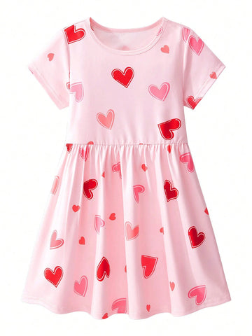 1pc Girls Short Sleeve Dress, Round Neck With Ruched Layered Design, Heart Print Pattern, Soft & Breathable Fabric 1pc Girls Short Sleeve Dress, Round Neck With Ruched Layered Design, Heart Print Pattern, Soft & Breathable Fabric