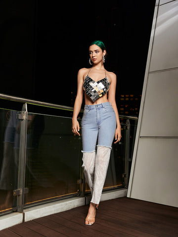 Odelia Mesh Denim Pants In White Odelia Mesh Denim Pants In White