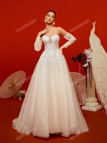 Off-Shoulder Sexy Hollow Out Lace & Mesh Long Sleeve Wedding Dress Gown Off-Shoulder Sexy Hollow Out Lace & Mesh Long Sleeve Wedding Dress Gown