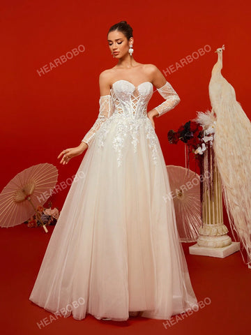 Off-Shoulder Sexy Hollow Out Lace & Mesh Long Sleeve Wedding Dress Gown Off-Shoulder Sexy Hollow Out Lace & Mesh Long Sleeve Wedding Dress Gown