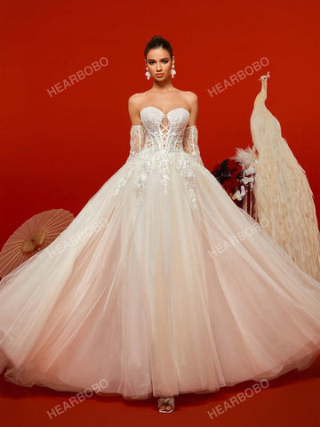 Off-Shoulder Sexy Hollow Out Lace & Mesh Long Sleeve Wedding Dress Gown Off-Shoulder Sexy Hollow Out Lace & Mesh Long Sleeve Wedding Dress Gown