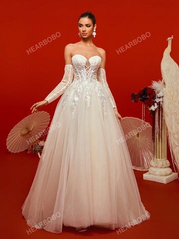 Off-Shoulder Sexy Hollow Out Lace & Mesh Long Sleeve Wedding Dress Gown Off-Shoulder Sexy Hollow Out Lace & Mesh Long Sleeve Wedding Dress Gown