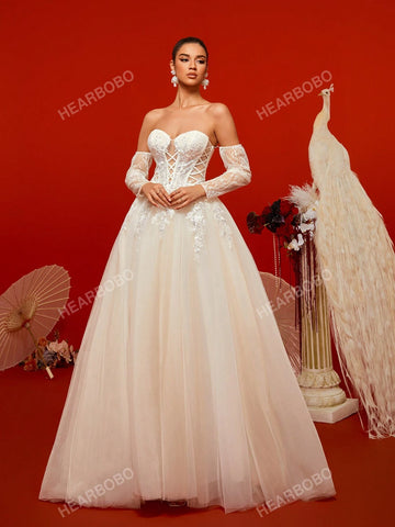 Off-Shoulder Sexy Hollow Out Lace & Mesh Long Sleeve Wedding Dress Gown Off-Shoulder Sexy Hollow Out Lace & Mesh Long Sleeve Wedding Dress Gown