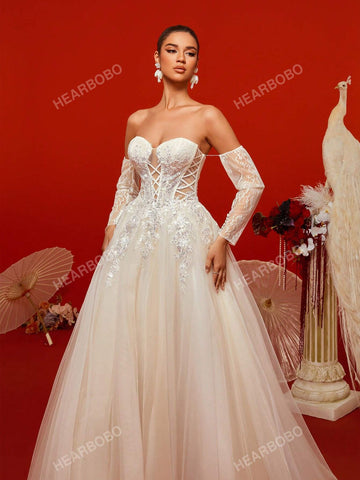 Off-Shoulder Sexy Hollow Out Lace & Mesh Long Sleeve Wedding Dress Gown Off-Shoulder Sexy Hollow Out Lace & Mesh Long Sleeve Wedding Dress Gown