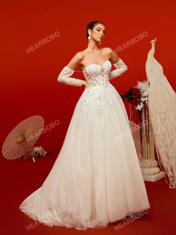 Off-Shoulder Sexy Hollow Out Lace & Mesh Long Sleeve Wedding Dress Gown Off-Shoulder Sexy Hollow Out Lace & Mesh Long Sleeve Wedding Dress Gown