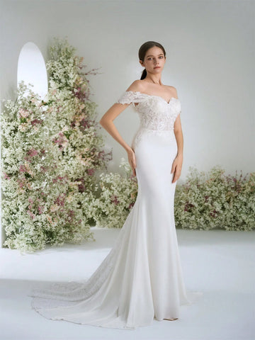 Off-The-Shoulder Sweetheart Neckline Premium Lace Mermaid Wedding Dress, Luxurious, Romantic, Elegant Bridal Gown For Party, Banquet, Garden Ceremony, Off-The-Shoulder Sweetheart Neckline Premium Lace Mermaid Wedding Dress, Luxurious, Romantic, Elegant Bridal Gown For Party, Banquet, Garden Ceremony,