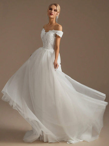 Off Shoulder Appliques Bodice Mesh Wedding Dress Off Shoulder Appliques Bodice Mesh Wedding Dress