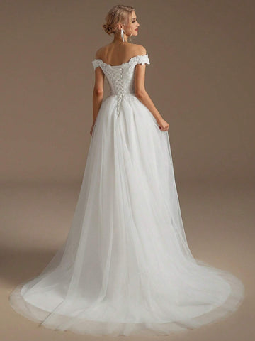 Off Shoulder Appliques Bodice Mesh Wedding Dress Off Shoulder Appliques Bodice Mesh Wedding Dress