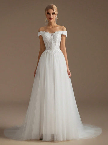 Off Shoulder Appliques Bodice Mesh Wedding Dress Off Shoulder Appliques Bodice Mesh Wedding Dress