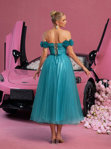 Off Shoulder Lace Up Back Floral Applique Decorated Tulle Prom Homecoming Dress Off Shoulder Lace Up Back Floral Applique Decorated Tulle Prom Homecoming Dress