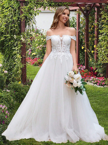 Off Shoulder Luxury Lacey Wedding Dresses Long For Women Ball Gowns Illusion Top Ivory Lace Bridal Gowns With Champagne Lining Lace Up Back Tulle Wedding Gowns With Long Train Off Shoulder Luxury Lacey Wedding Dresses Long For Women Ball Gowns Illusion Top Ivory Lace Bridal Gowns With Champagne Lining Lace Up Back Tulle Wedding Gowns With Long Train