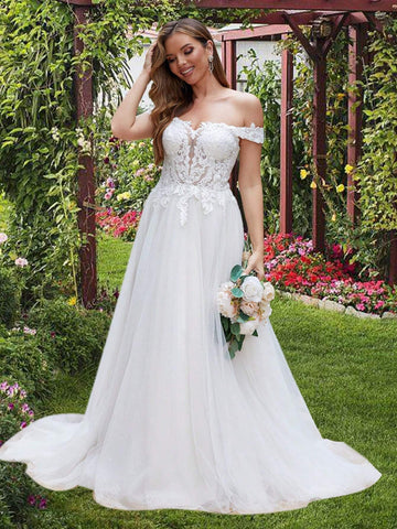 Off Shoulder Luxury Lacey Wedding Dresses Long For Women Ball Gowns Illusion Top Ivory Lace Bridal Gowns With Champagne Lining Lace Up Back Tulle Wedding Gowns With Long Train Off Shoulder Luxury Lacey Wedding Dresses Long For Women Ball Gowns Illusion Top Ivory Lace Bridal Gowns With Champagne Lining Lace Up Back Tulle Wedding Gowns With Long Train