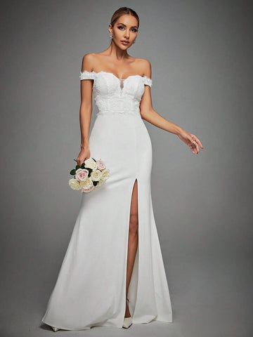 Off Shoulder Split Thigh Bustier Wedding Dress Off Shoulder Split Thigh Bustier Wedding Dress