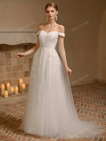 Off The Shoulder Elegant Wedding Dress With Solid Color Embroidery Applique Mesh Tulle Ball Gown Off The Shoulder Elegant Wedding Dress With Solid Color Embroidery Applique Mesh Tulle Ball Gown