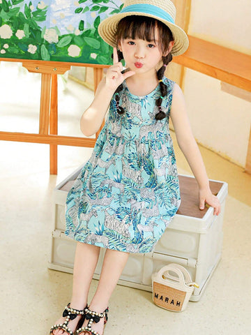 One Princess Style Cute Cartoon Animal Printed Loose Blue Leaf & Zebra Pattern Cotton Korean Version Floral Dress Summer Girls Spaghetti Strap Dress One Princess Style Cute Cartoon Animal Printed Loose Blue Leaf & Zebra Pattern Cotton Korean Version Floral Dress Summer Girls Spaghetti Strap Dress