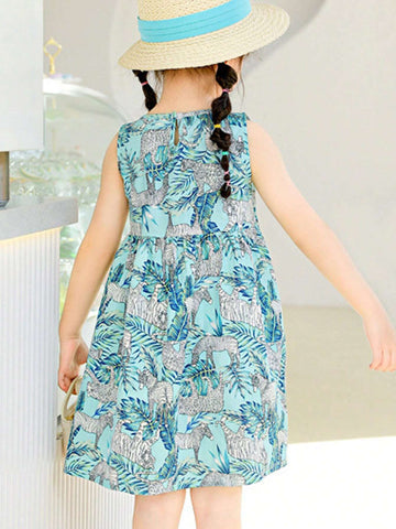 One Princess Style Cute Cartoon Animal Printed Loose Blue Leaf & Zebra Pattern Cotton Korean Version Floral Dress Summer Girls Spaghetti Strap Dress One Princess Style Cute Cartoon Animal Printed Loose Blue Leaf & Zebra Pattern Cotton Korean Version Floral Dress Summer Girls Spaghetti Strap Dress