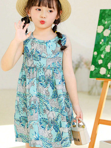 One Princess Style Cute Cartoon Animal Printed Loose Blue Leaf & Zebra Pattern Cotton Korean Version Floral Dress Summer Girls Spaghetti Strap Dress One Princess Style Cute Cartoon Animal Printed Loose Blue Leaf & Zebra Pattern Cotton Korean Version Floral Dress Summer Girls Spaghetti Strap Dress