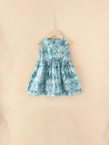 One Princess Style Cute Cartoon Animal Printed Loose Blue Leaf & Zebra Pattern Cotton Korean Version Floral Dress Summer Girls Spaghetti Strap Dress One Princess Style Cute Cartoon Animal Printed Loose Blue Leaf & Zebra Pattern Cotton Korean Version Floral Dress Summer Girls Spaghetti Strap Dress