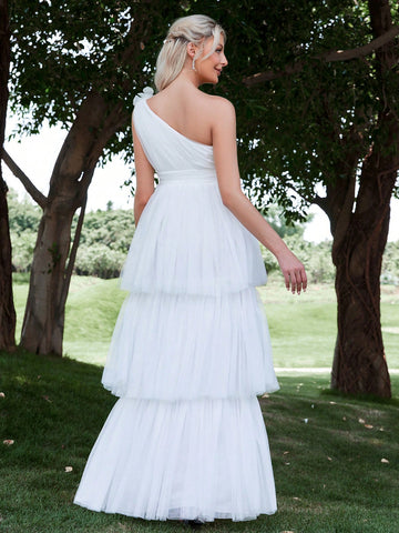 One Shoulder Floral Applique Mesh Overlay Wedding Dress One Shoulder Floral Applique Mesh Overlay Wedding Dress