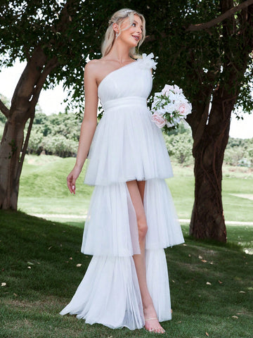 One Shoulder Floral Applique Mesh Overlay Wedding Dress One Shoulder Floral Applique Mesh Overlay Wedding Dress