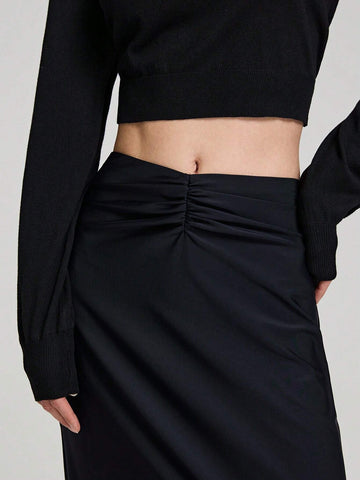 Ontre Black Knit Ruched High-Waisted Skirt For Tall Women, Urban Chic For Autumn And Winter Ontre Black Knit Ruched High-Waisted Skirt For Tall Women, Urban Chic For Autumn And Winter