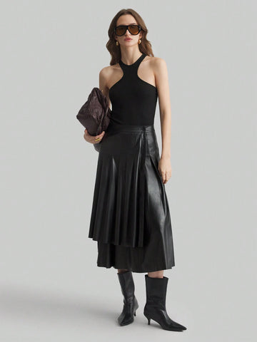 Ontre Elegant Retro Style Valentine's Date Night Layered Waist Black A-Line Skirt, Minimalist High-End, Spring Ontre Elegant Retro Style Valentine's Date Night Layered Waist Black A-Line Skirt, Minimalist High-End, Spring