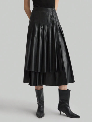 Ontre Elegant Retro Style Valentine's Date Night Layered Waist Black A-Line Skirt, Minimalist High-End, Spring Ontre Elegant Retro Style Valentine's Date Night Layered Waist Black A-Line Skirt, Minimalist High-End, Spring