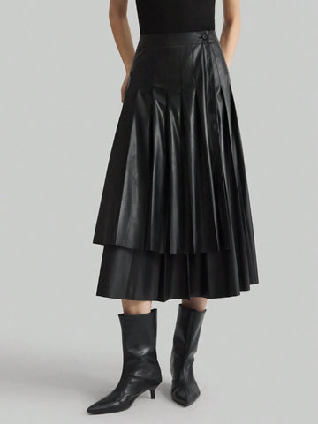 Ontre Elegant Retro Style Valentine's Date Night Layered Waist Black A-Line Skirt, Minimalist High-End, Spring Ontre Elegant Retro Style Valentine's Date Night Layered Waist Black A-Line Skirt, Minimalist High-End, Spring