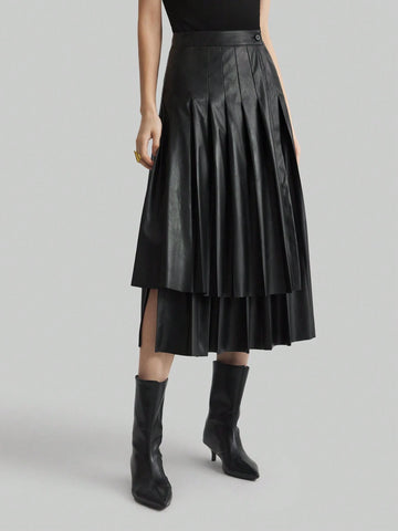 Ontre Elegant Retro Style Valentine's Date Night Layered Waist Black A-Line Skirt, Minimalist High-End, Spring Ontre Elegant Retro Style Valentine's Date Night Layered Waist Black A-Line Skirt, Minimalist High-End, Spring