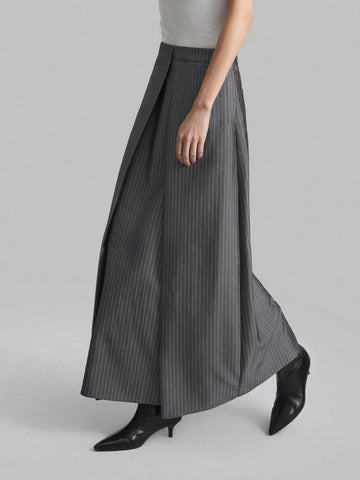Ontre Grey Pinstripe Pleated Design Minimalist Retro A-Line Skirt For Women, Casual And Collegiate Style, Suitable For & New Year Ontre Grey Pinstripe Pleated Design Minimalist Retro A-Line Skirt For Women, Casual And Collegiate Style, Suitable For & New Year
