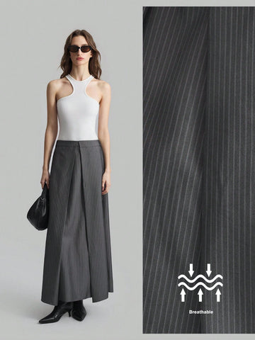 Ontre Grey Pinstripe Pleated Design Minimalist Retro A-Line Skirt For Women, Casual And Collegiate Style, Suitable For & New Year Ontre Grey Pinstripe Pleated Design Minimalist Retro A-Line Skirt For Women, Casual And Collegiate Style, Suitable For & New Year
