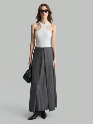 Ontre Grey Pinstripe Pleated Design Minimalist Retro A-Line Skirt For Women, Casual And Collegiate Style, Suitable For & New Year Ontre Grey Pinstripe Pleated Design Minimalist Retro A-Line Skirt For Women, Casual And Collegiate Style, Suitable For & New Year